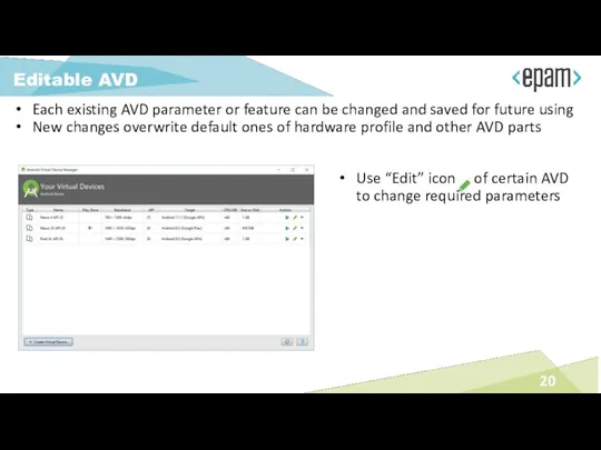 Each existing AVD parameter or feature can be changed and