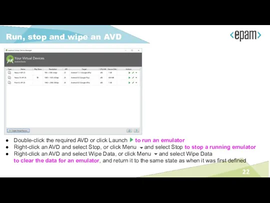 Run, stop and wipe an AVD Double-click the required AVD
