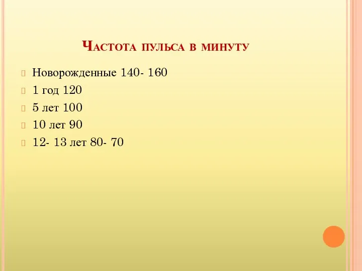 Частота пульса в минуту Новорожденные 140- 160 1 год 120