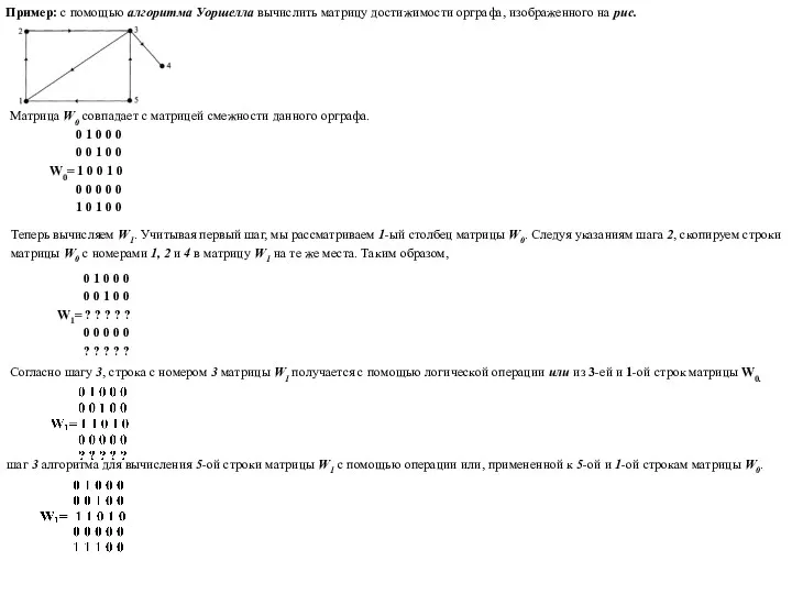 Пример: с помощью алгоритма Уоршелла вычислить матрицу достижимости орграфа, изображенного