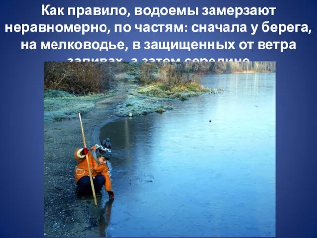 Как правило, водоемы замерзают неравномерно, по частям: сначала у берега,