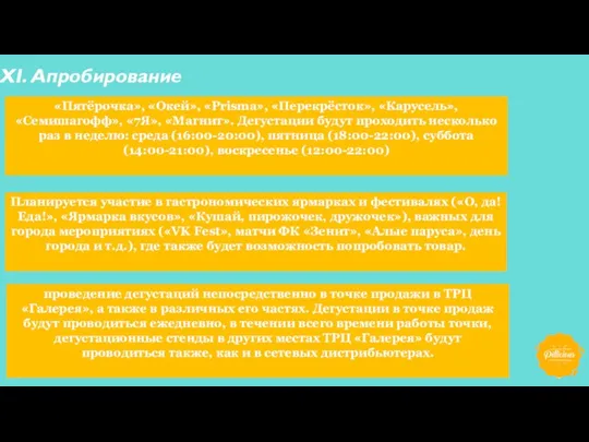 XI. Апробирование «Пятёрочка», «Окей», «Prisma», «Перекрёсток», «Карусель», «Семишагофф», «7Я», «Магнит».