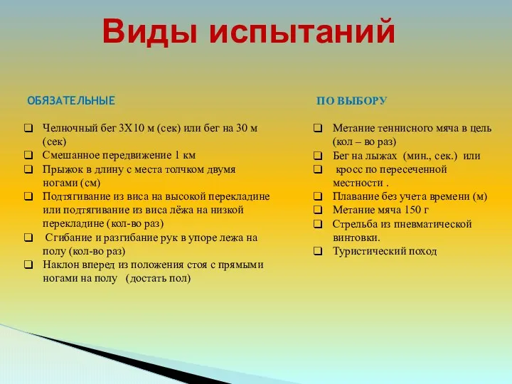 Виды испытаний ОБЯЗАТЕЛЬНЫЕ Челночный бег 3X10 м (сек) или бег