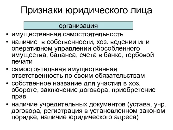 Признаки юридического лица имущественная самостоятельность наличие в собственности, хоз. ведении