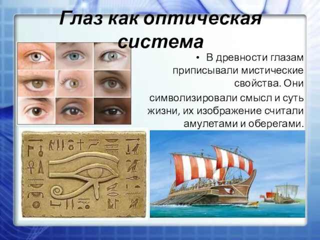 Глаз как оптическая система В древности глазам приписывали мистические свойства. Они символизировали смысл