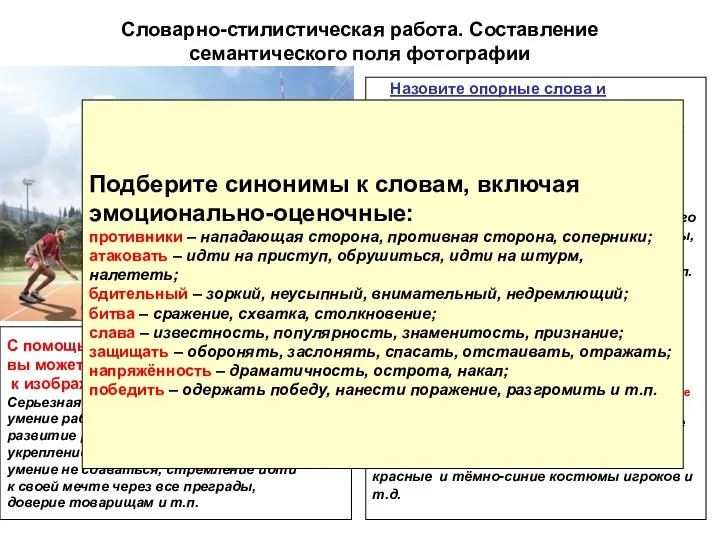 Словарно-стилистическая работа. Составление семантического поля фотографии Назовите опорные слова и