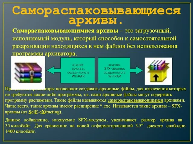 Самораспаковывающиеся архивы. Программы-архиваторы позволяют создавать архивные файлы, для извлечения которых