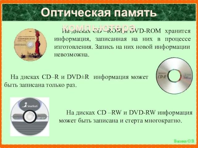 На дисках CD –ROM и DVD-ROM хранится информация, записанная на