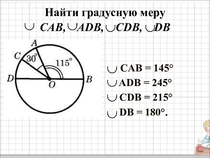 Найти градусную меру CAB, ADB, CDB, DB CAB = 145° ADB = 245°