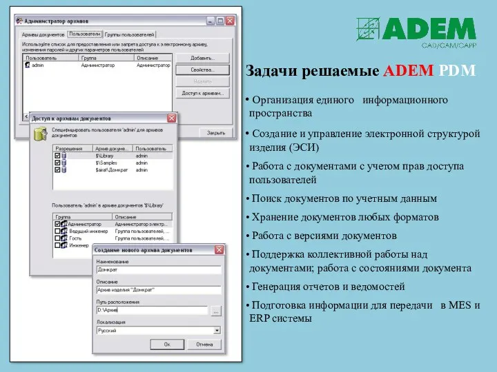 Задачи решаемые ADEM PDM Организация единого информационного пространства Создание и управление электронной структурой