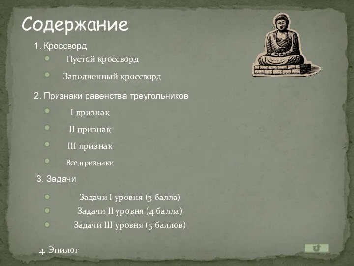 Содержание Пустой кроссворд Заполненный кроссворд I признак II признак III