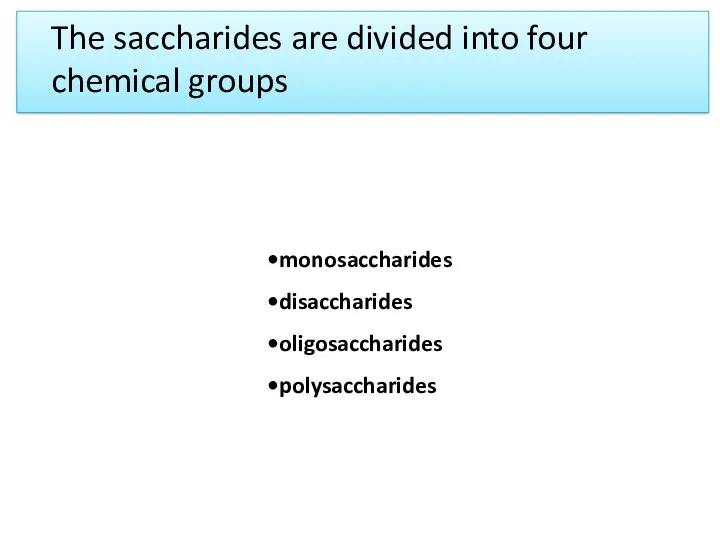 The saccharides are divided into four chemical groups monosaccharides disaccharides oligosaccharides polysaccharides