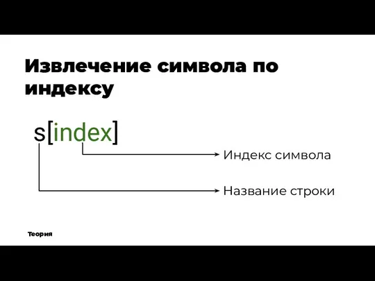 Теория Извлечение символа по индексу Теория s[index] Индекс символа Название строки