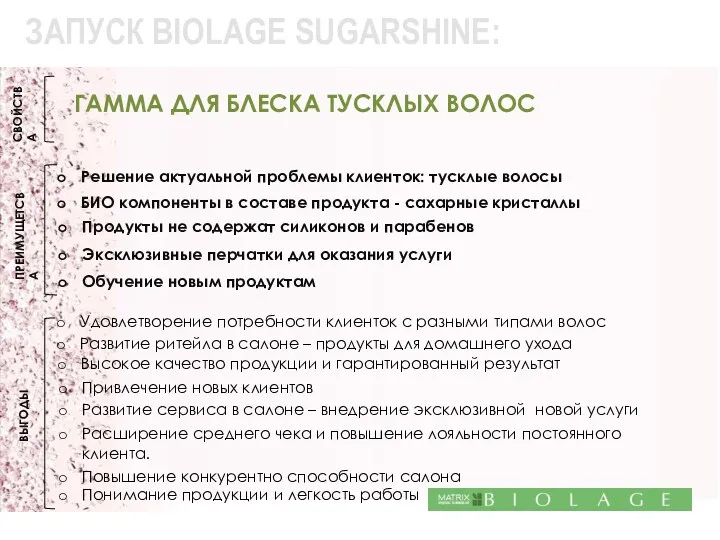 ЗАПУСК BIOLAGE SUGARSHINE: СВОЙСТВА ГАММА ДЛЯ БЛЕСКА ТУСКЛЫХ ВОЛОС ПРЕИМУЩЕТСВА