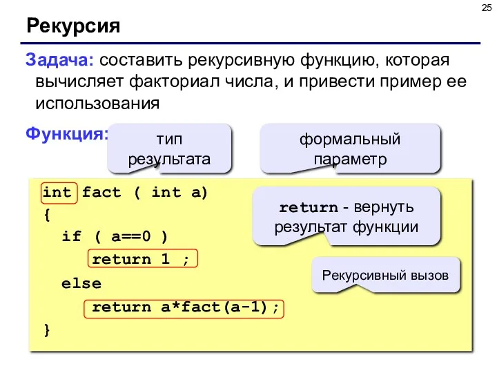 int fact ( int a) { if ( a==0 )