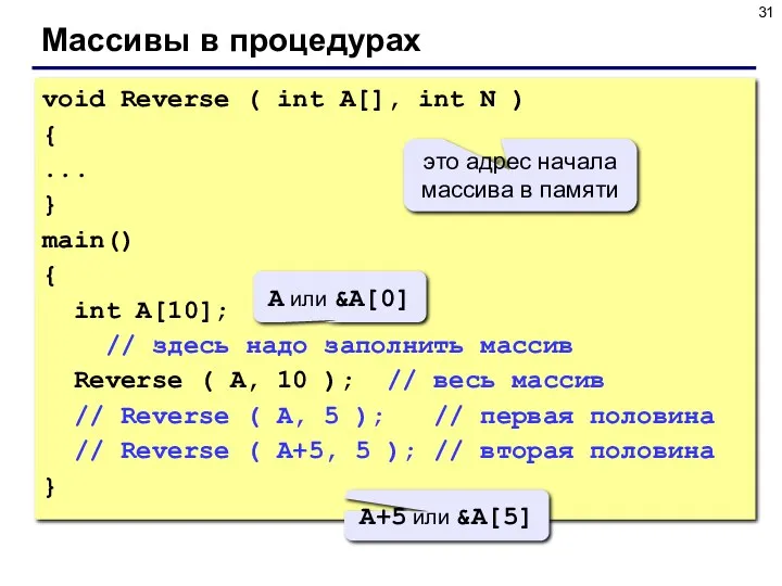 Массивы в процедурах void Reverse ( int A[], int N