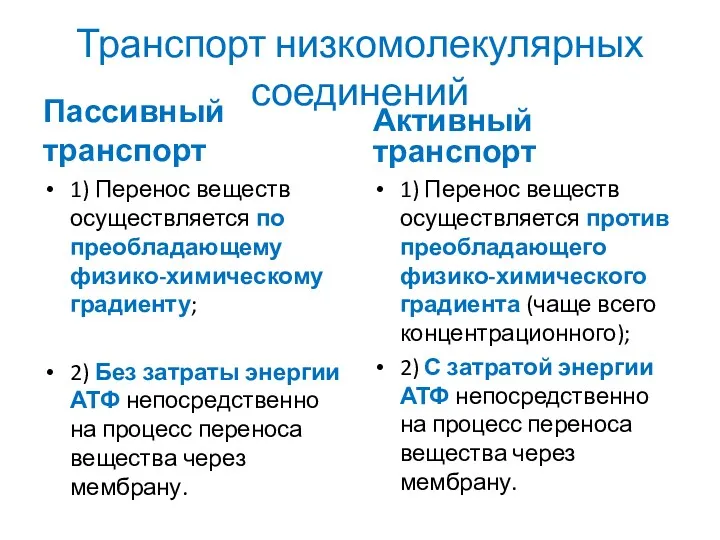 Транспорт низкомолекулярных соединений Пассивный транспорт 1) Перенос веществ осуществляется по