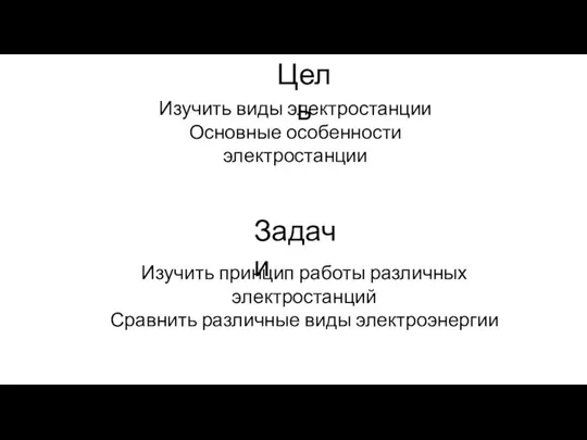 Цель Изучить виды электростанции Основные особенности электростанции Задачи Изучить принцип