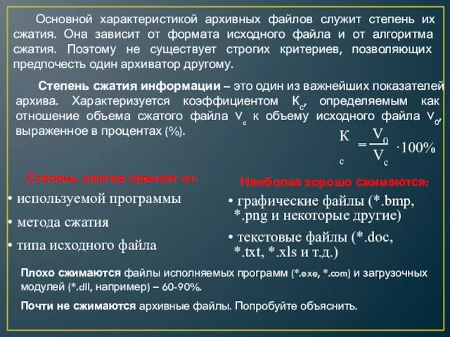 Основной характеристикой архивных файлов служит степень их сжатия. Она зависит