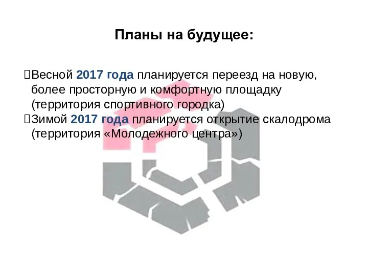 Планы на будущее: Весной 2017 года планируется переезд на новую,