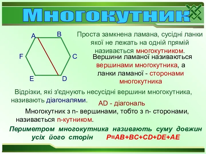 Вершини ламаної називаються вершинами многокутника, а ланки ламаної - сторонами