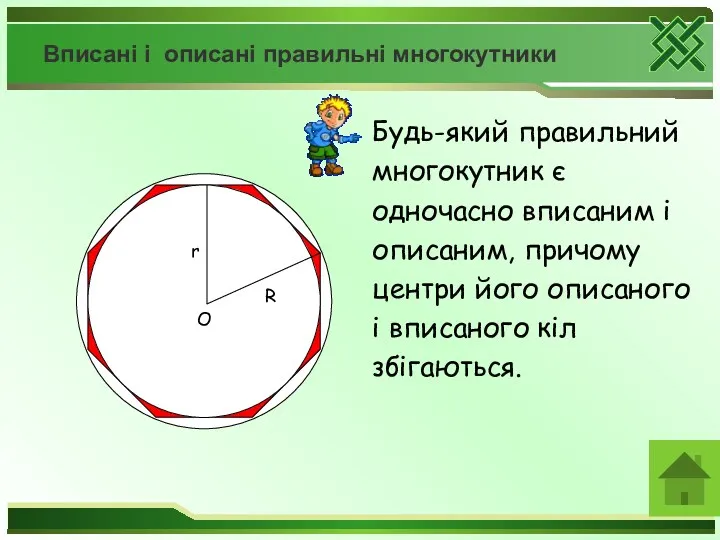 Вписані і описані правильні многокутники Будь-який правильний многокутник є одночасно