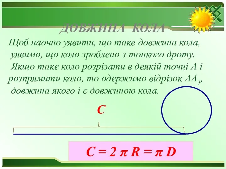 ДОВЖИНА КОЛА Щоб наочно уявити, що таке довжина кола, уявимо,