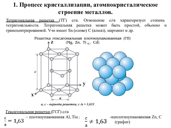 1. Процесс кристаллизации, атомнокристалическое строение металлов. Тетрагональная решетка (ТГ) с≠а. Отношение с≠а характеризует