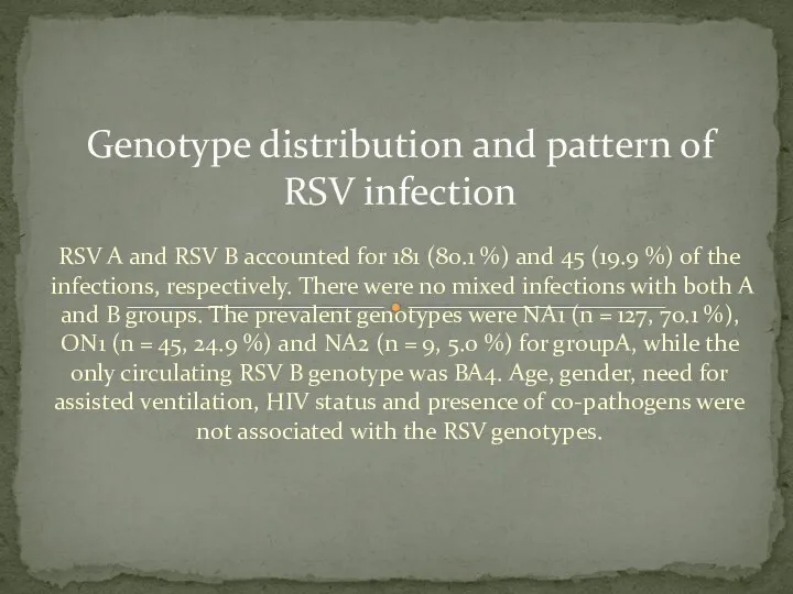 RSV A and RSV B accounted for 181 (80.1 %) and 45 (19.9