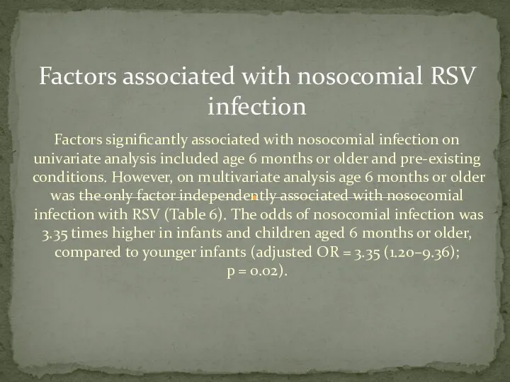 Factors significantly associated with nosocomial infection on univariate analysis included age 6 months