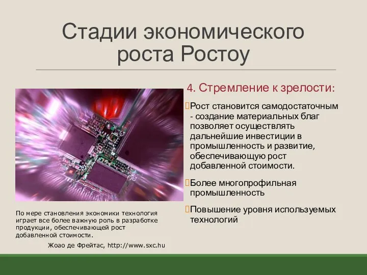 Стадии экономического роста Ростоу 4. Стремление к зрелости: Рост становится