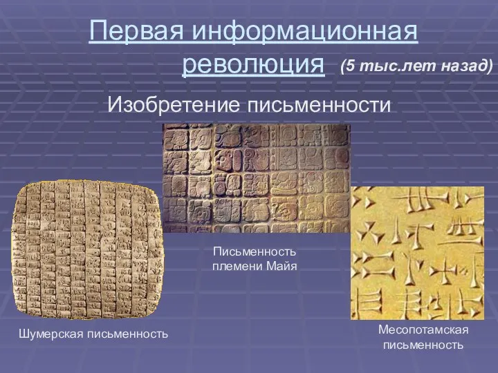 Первая информационная революция Изобретение письменности Шумерская письменность Письменность племени Майя Месопотамская письменность (5 тыс.лет назад)