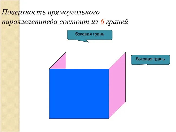 Поверхность прямоугольного параллелепипеда состоит из 6 граней боковая грань боковая грань
