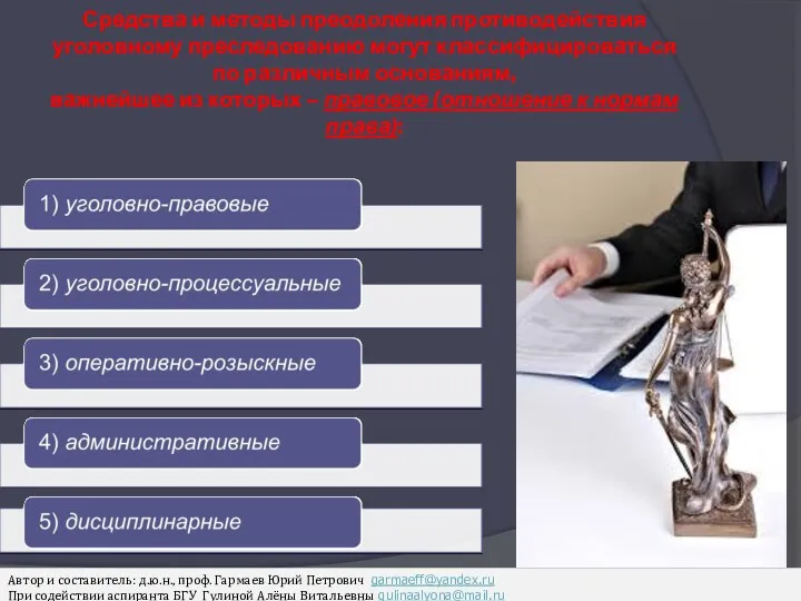 Средства и методы преодоления противодействия уголовному преследованию могут классифицироваться по различным основаниям, важнейшее