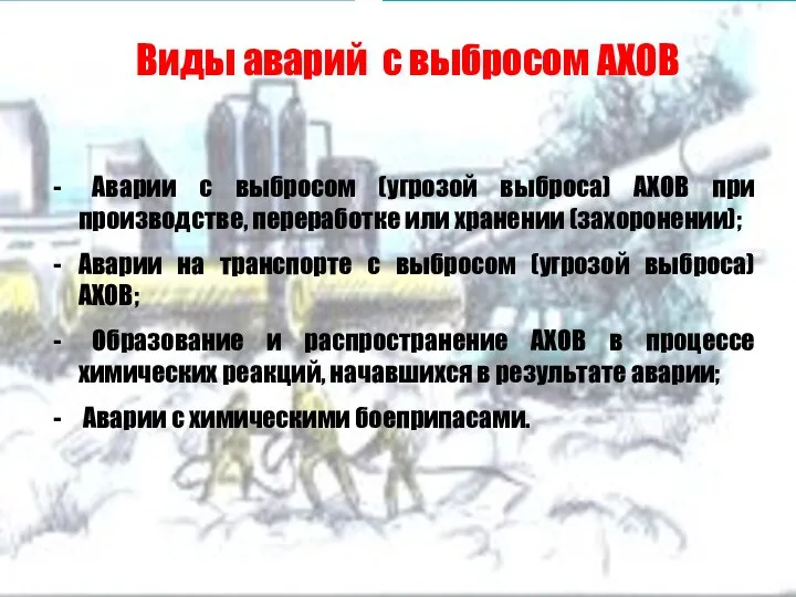 Виды аварий с выбросом АХОВ Аварии с выбросом (угрозой выброса)