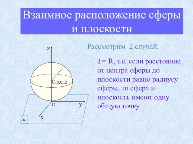 Взаимное расположение сферы и плоскости Рассмотрим 2 случай: d =