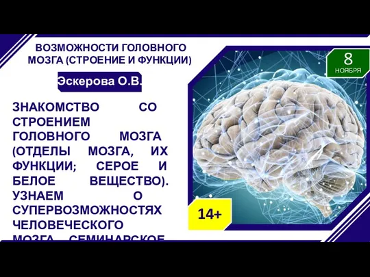 ВОЗМОЖНОСТИ ГОЛОВНОГО МОЗГА (СТРОЕНИЕ И ФУНКЦИИ) Эскерова О.В. ЗНАКОМСТВО СО СТРОЕНИЕМ ГОЛОВНОГО МОЗГА