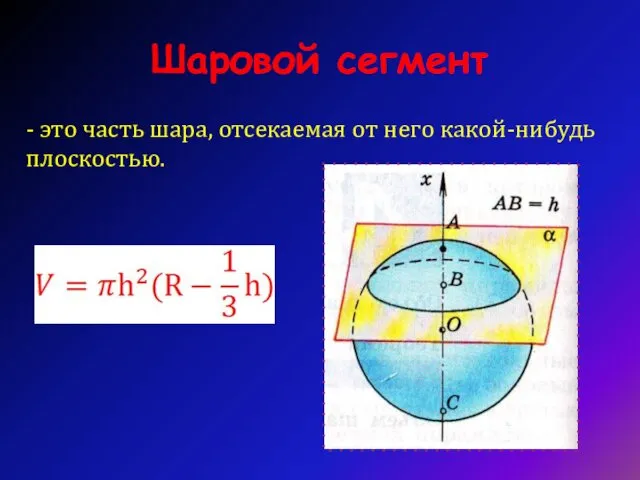 Шаровой сегмент - это часть шара, отсекаемая от него какой-нибудь плоскостью.