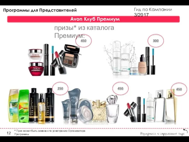 Гид по Кампании 3/2017 Avon Клуб Премиум призы* из каталога Премиум: 250 450