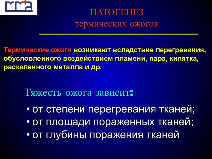 ПАТОГЕНЕЗ термических ожогов Термические ожоги возникают вследствие перегревания, обусловленного воздействием