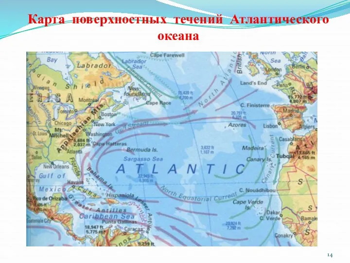 Карта поверхностных течений Атлантического океана