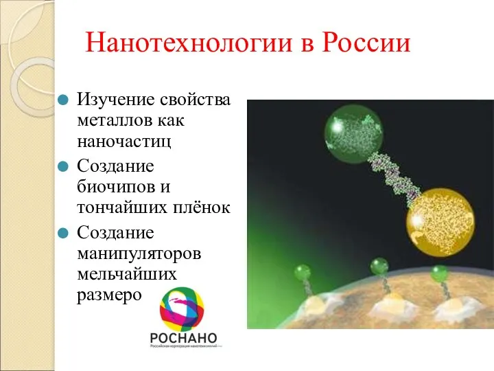 Нанотехнологии в России Изучение свойства металлов как наночастиц Создание биочипов