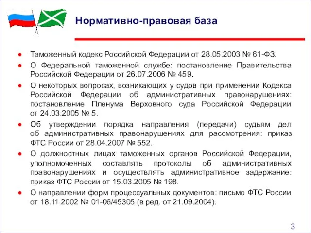 Нормативно-правовая база Таможенный кодекс Российской Федерации от 28.05.2003 № 61-ФЗ.
