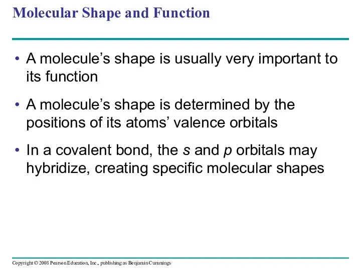 Molecular Shape and Function A molecule’s shape is usually very