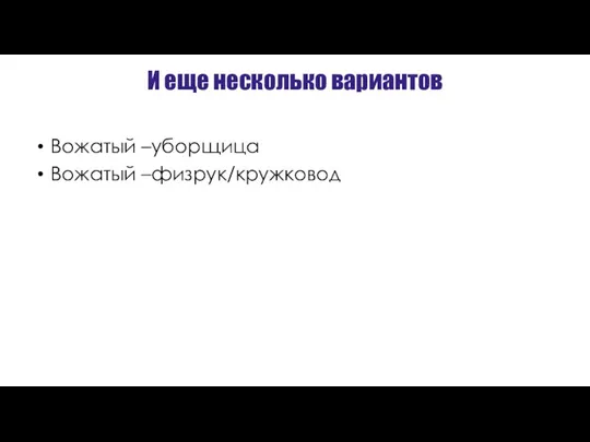 И еще несколько вариантов Вожатый –уборщица Вожатый –физрук/кружковод