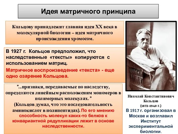 В 1927 г. Кольцов предположил, что наследственные «тексты» копируются с