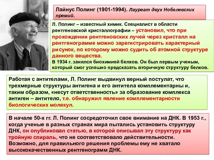 Л. Полинг – известный химик. Специалист в области рентгеновской кристаллографии