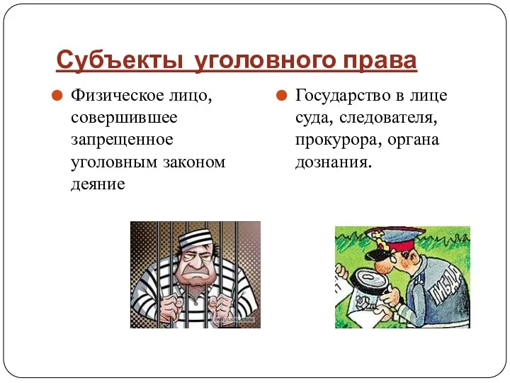 Субъекты уголовного права Физическое лицо, совершившее запрещенное уголовным законом деяние