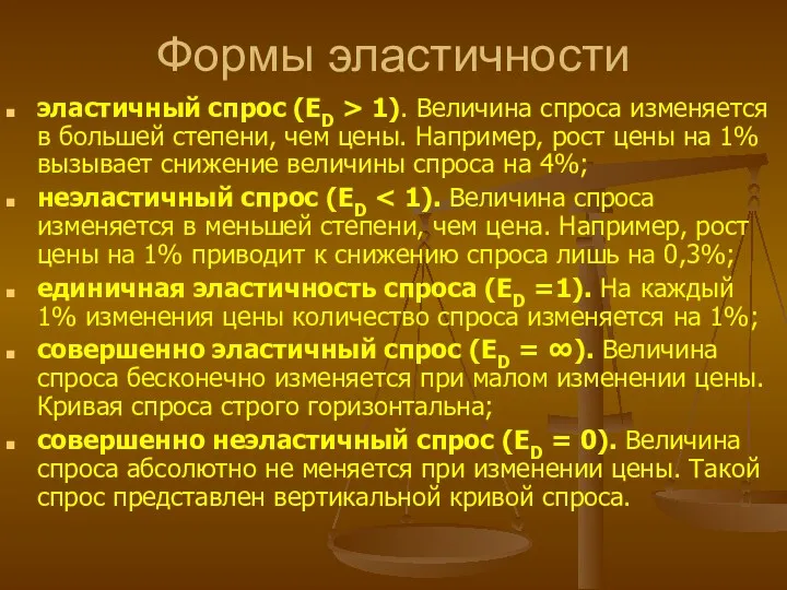 Формы эластичности эластичный спрос (ED > 1). Величина спроса изменяется