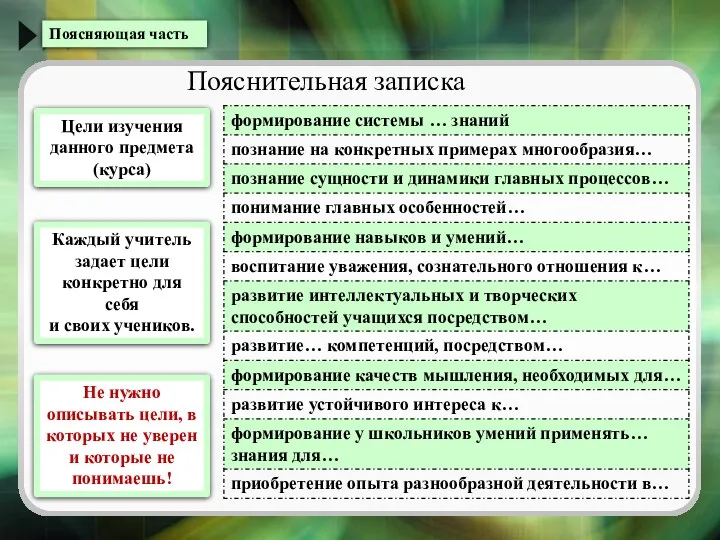 Поясняющая часть Пояснительная записка Цели изучения данного предмета (курса) Каждый